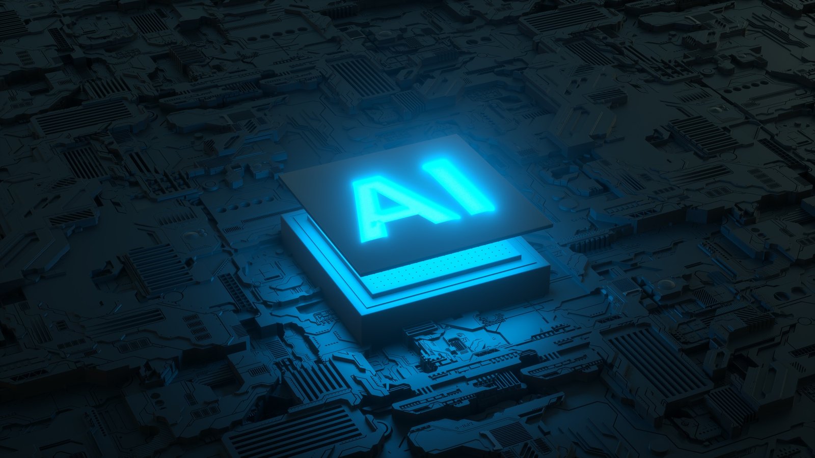 Kretskort och AI-mikroprocessor, Artificiell intelligens hos digital människa. 3d-rendering